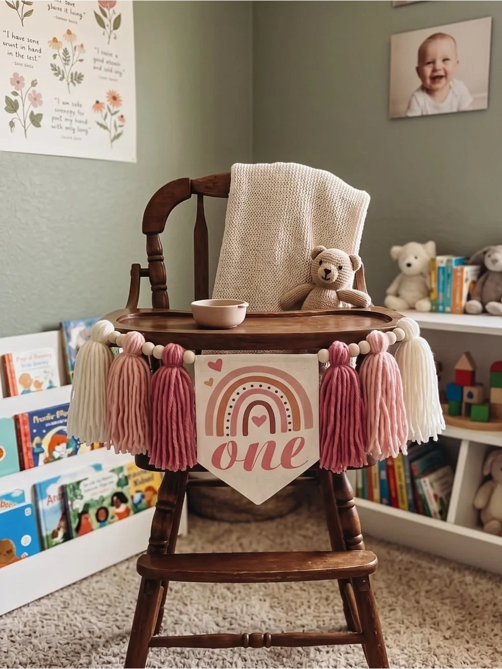 NWT Boho 1st Birthday Decor Pink Rainbow Highchair Banner Photo Prop